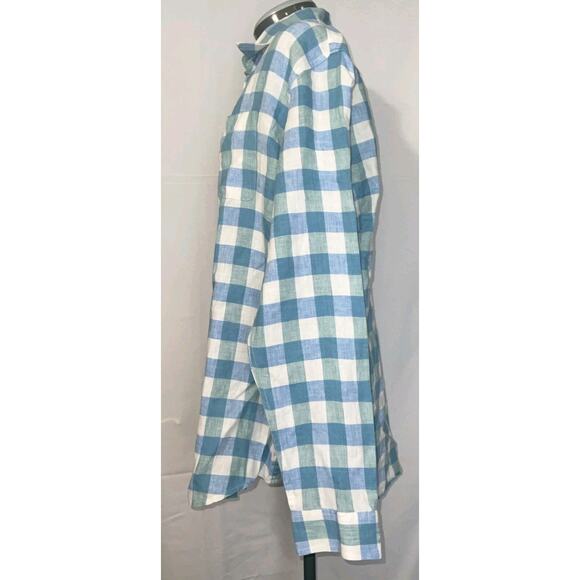 LL Bean Shirt Men Large 100% Linen Windowpane Plaid Button Down Blue - Picture 6 of 11